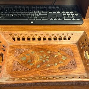 Hand-Carved Wooden Tray with Inlay Floral Design - Brown